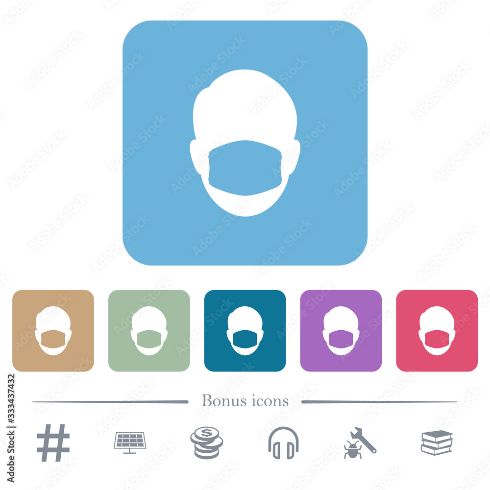Face with medical mask flat icons on color rounded square backgrounds Face with medical mask flat icons on color rounded square backgrounds