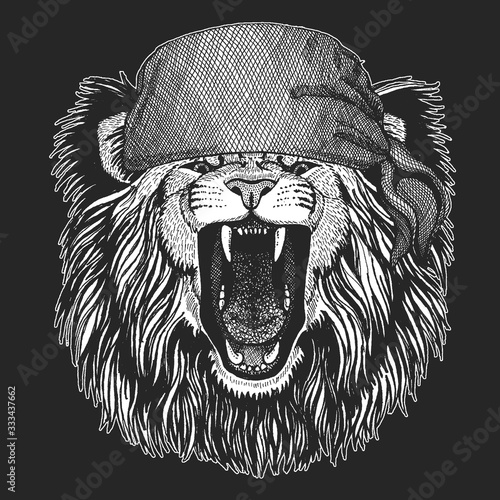 Lion. Bandana. Biker, pirate. Wild animal portrait. Face of african cat.