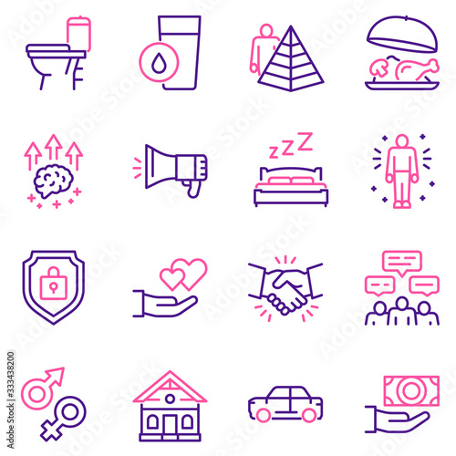 Hierarchy of human needs linear color icon set. Maslow Pyramid concept.