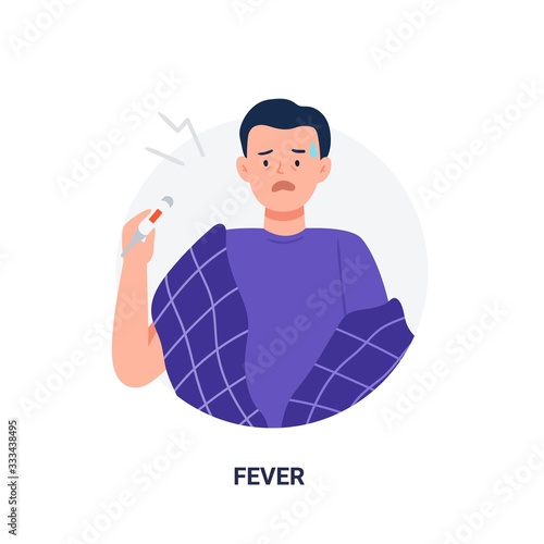 Man with disease symptom - fever. Influenza illness signs. Flat cartoon vector illustration isolated on white background.