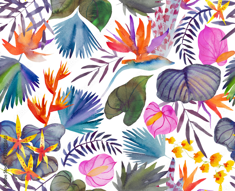 Fototapeta premium Tropical seamless pattern with tropical flowers, banana leaves. Round palm leaves, watercolor painted 