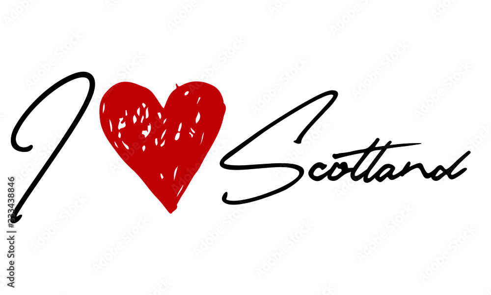 I love Scotland Red Heart and Creative Cursive handwritten lettering on white background.