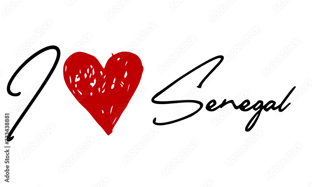 I love Senegal Red Heart and Creative Cursive handwritten lettering on white background.