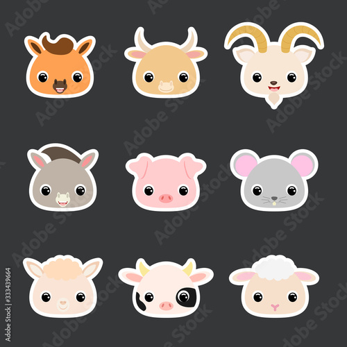 Stickers set of cute domestic animal heads. Flat vector stock illustration
