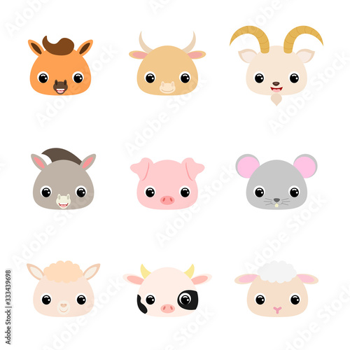 Cute domestic animal heads. Flat vector stock illustration