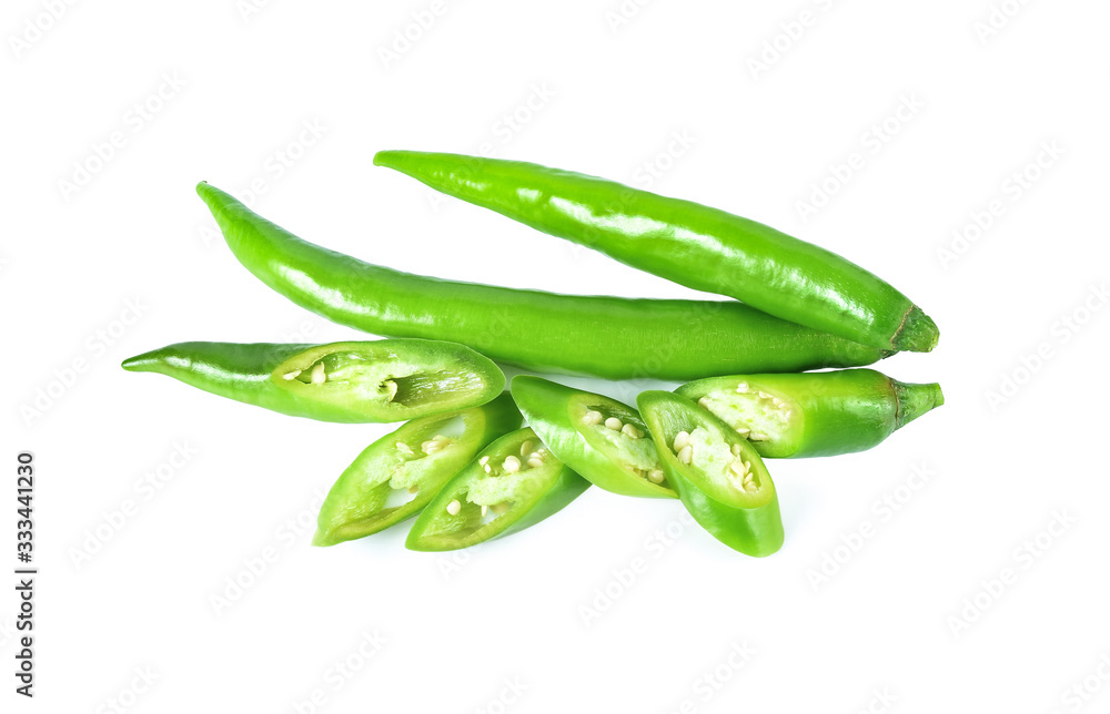 Slices green hot chili pepper isolated on white backgroun Slices green hot chili pepper isolated on white backgroun