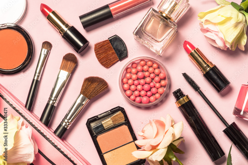 Makeup professional cosmetics on pink background. Makeup professional cosmetics on pink background.