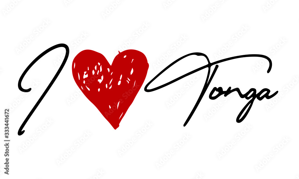 I love Tonga Red Heart and Creative Cursive handwritten lettering on white background.