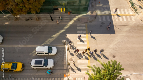Urban street view from above in Eskisehir with pedestrians and cars