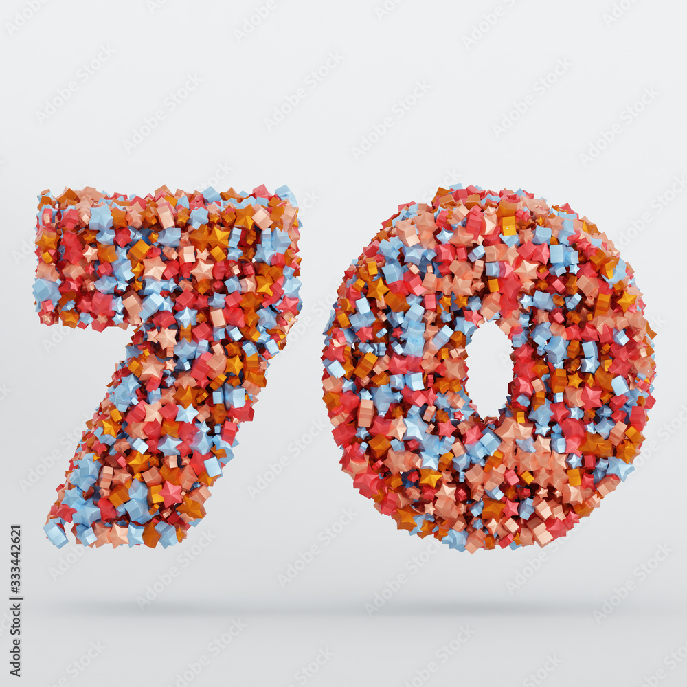 Number 70 3D Text Illustration, Digits With Pink And Sky Colors Stars, 3D Render In 4K Resolution, Isolated On White Background, With Shadow .. Number 70 3D Text Illustration, Digits With Pink And Sky Colors Stars, 3D Render In 4K Resolution, Isolated On White Background, With Shadow ..