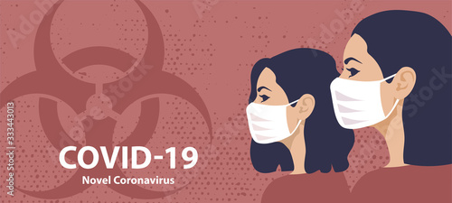 Novel coronavirus 2019-ncov pandemic. Covid-19 epidemy. Woman in medical face mask. Coronavirus quarantine. Vector banner with biohazard sign
