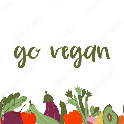 vegetable border with the inscription go vegan. Flat cartoon vegetables vector illustration.