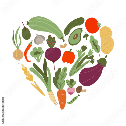 vegetable in heart shape. Set of vegetable icons forming heart shape. Vegetarian food icons. Healthy cartoon flat food illustration. hand drawn Vector