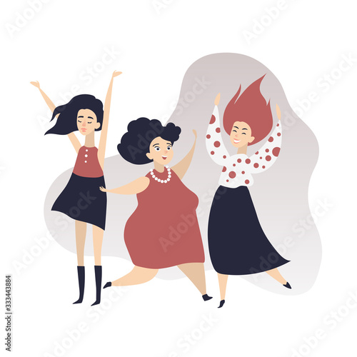 Dancing women. Happy disco dancing friends. Disco dancing graceful ladies. Funny cartoon style vector illustration on white background.