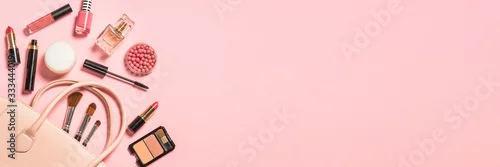 Obraz Cosmetics and makeup product on pink background.