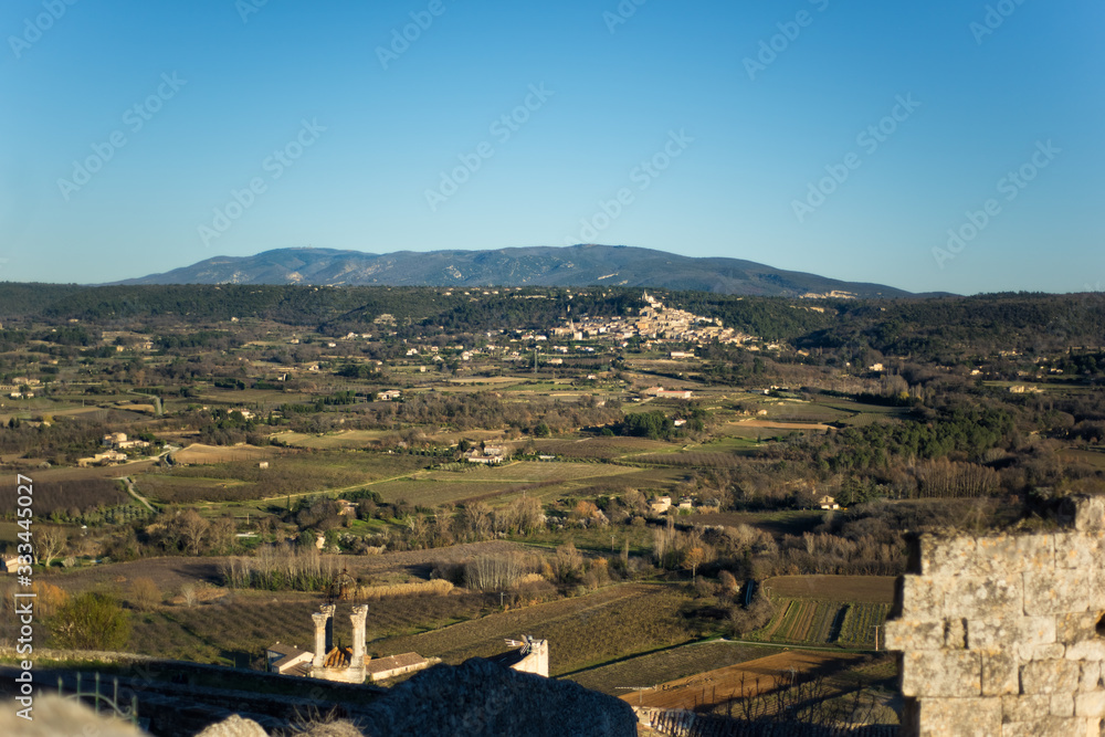 View of old traditional french small provencal village Bonnieux and Luberon valley in Vaucluse, Provence. Popular tourist destination Provence-Alpes-Cote Azure region. Vacations in Provence