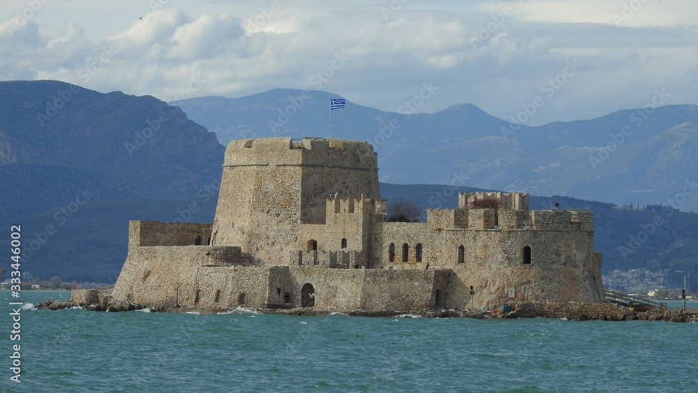 Photo from famous Bourtzi castle in famous historic city of Nafplio, Argolida, Peloponnese, Greece