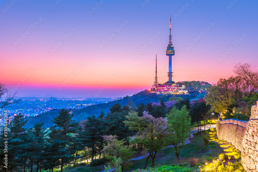 Twilight Seoul Tower in Spring at south korea.