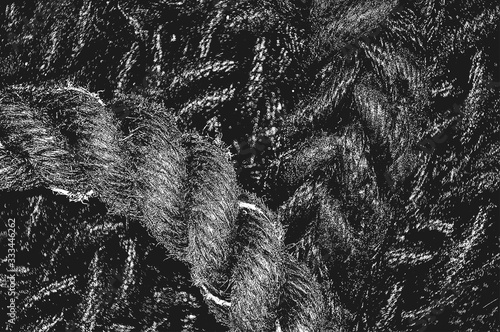 Distress grunge vector texture of wicker rope. Black and white background.