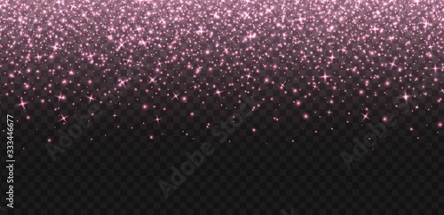 Falling rose gold sparkles, abstract luminous particles, pink stardust isolated on a dark background. Flying Christmas glares and sparks. Luxury backdrop. Vector illustration.