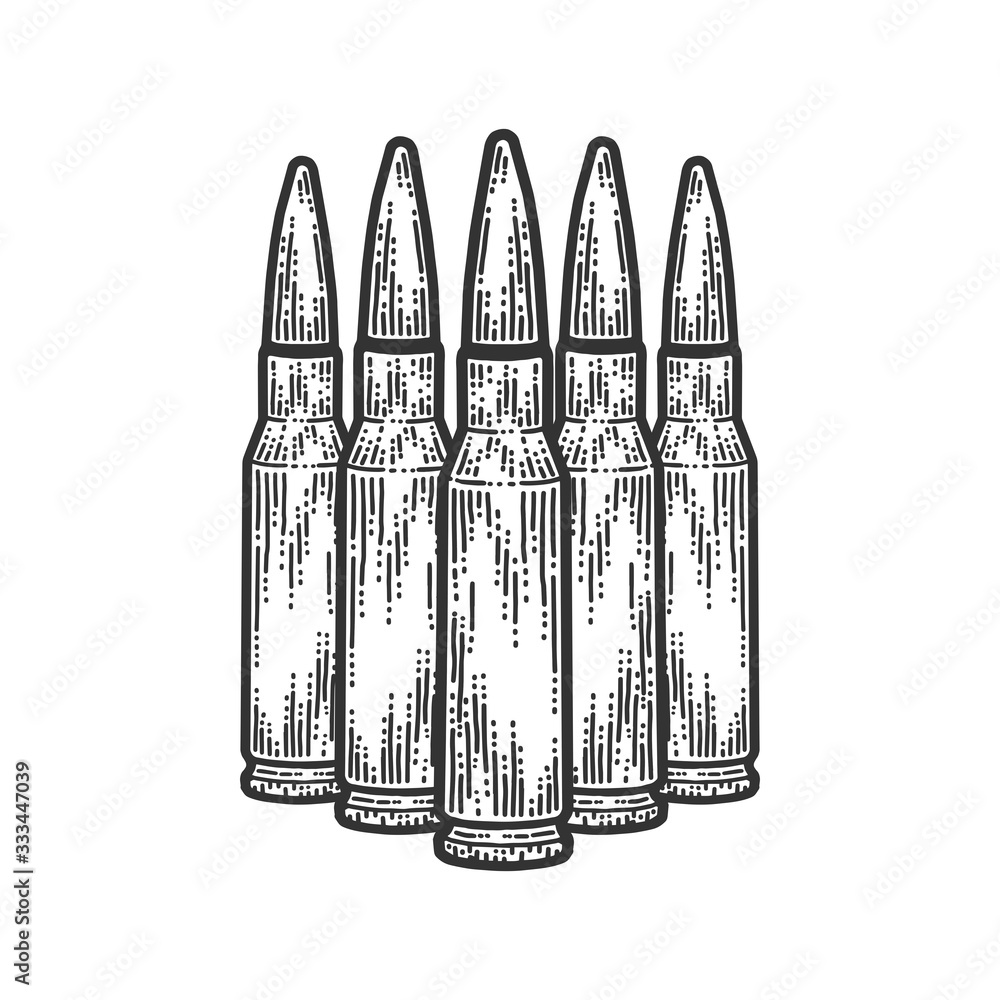 Five bullets stand nearby. Scratch board style imitation. Black and white hand drawn image.