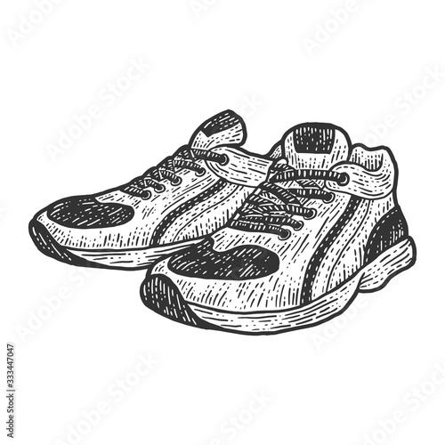 Pair of sports men sneakers. Sketch scratch board imitation. Black and white hand drawn image.