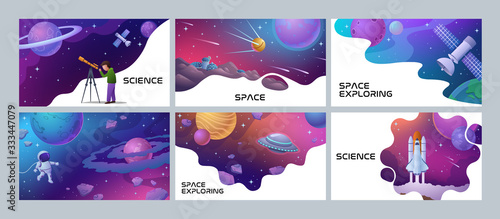 Four colorful Space and Science poster designs showing an astronomer, spaceman rocket, planets, satellite and lunar landing, vector illustration