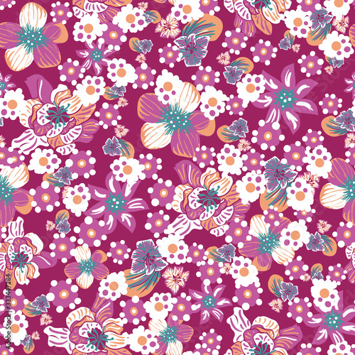 Decorative floral pink purple and white seamless vector pattern. Feminine surface print design. Great for fabrics, greeting cards, invitations, gift wrap, scrapbook paper and packaging.