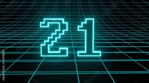 Number 21 in neon glow cyan on grid background, isolated number 3d render
