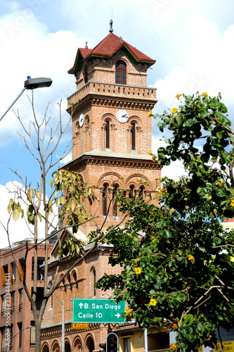 Medellin, Antioquia, Colomba. Facade of San Jose Church in blue day photo