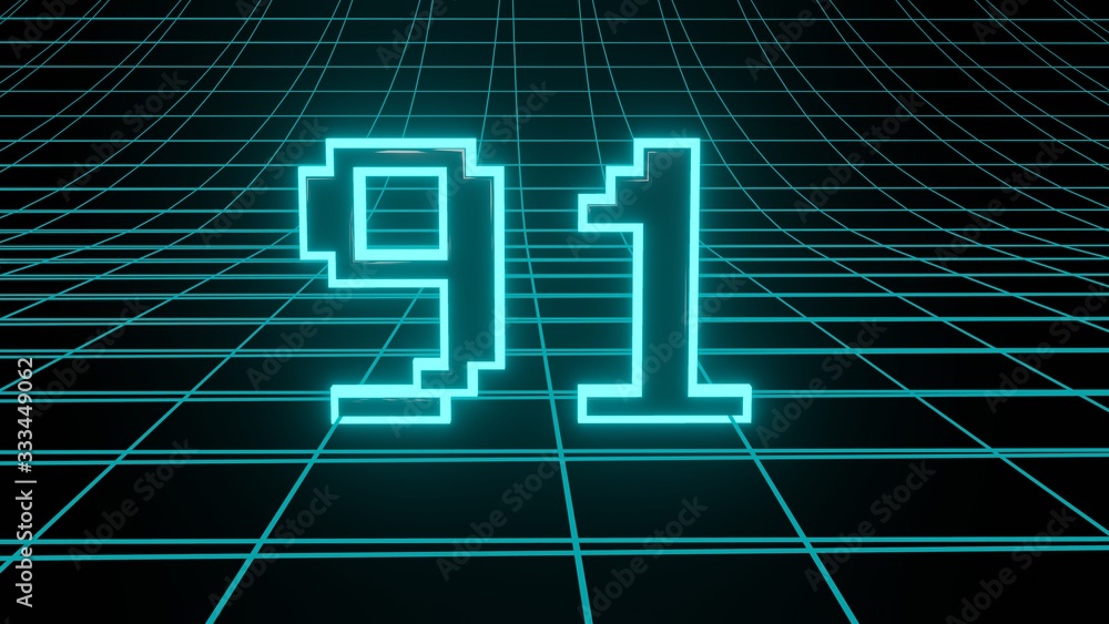 Number 91 in neon glow cyan on grid background, isolated number 3d render Number 91 in neon glow cyan on grid background, isolated number 3d render
