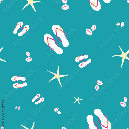 Flip flop shoe seamless vector pattern background. Stylish sandals, starfish, cowrie shell all over print. Aqua blue, white, gold color. Backdrop for beach wedding, honeymoon oceanside resort concept