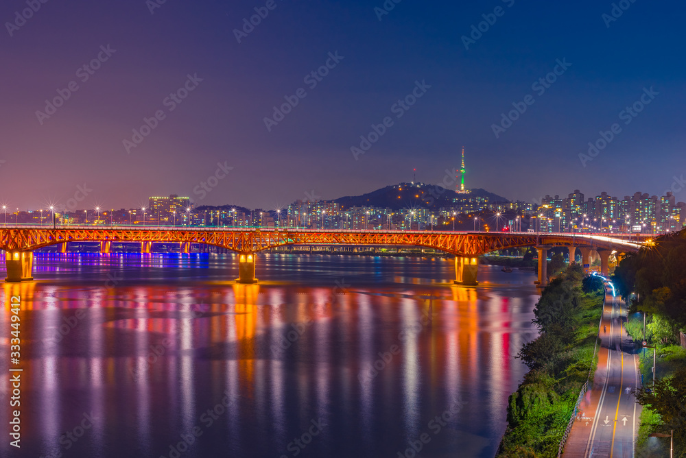 Han River With Seongsu Bridge And Seoul Tower At Night In South Korea.