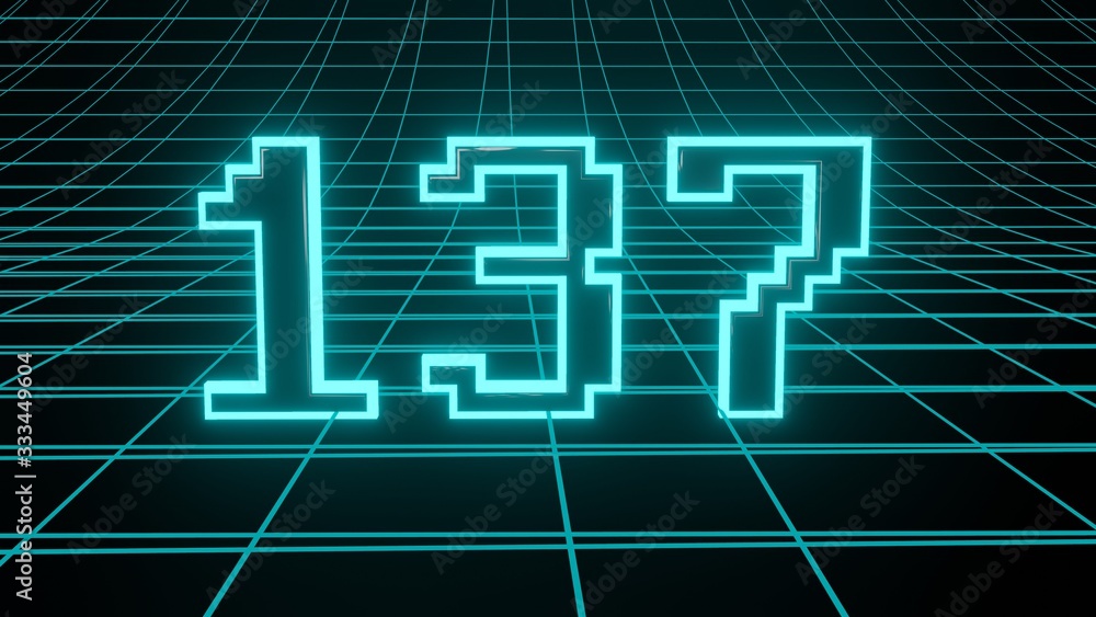 Number 137 in neon glow cyan on grid background, isolated number 3d render Number 137 in neon glow cyan on grid background, isolated number 3d render