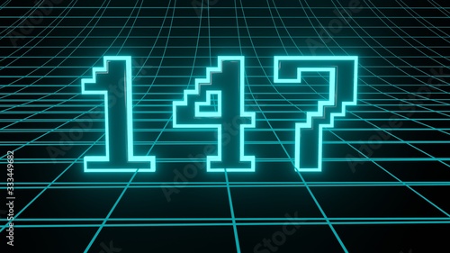 Number 147 in neon glow cyan on grid background, isolated number 3d render