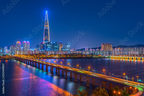 Photography Seoul Subway and Seoul City Skyline at Han river Seoul, South korea