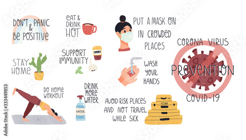 Huge corona virus covid-19 prevention measures, health care set. Wear face mask, wash hands with soap, don't panic, help your immunity, stay home and do home exercises. 