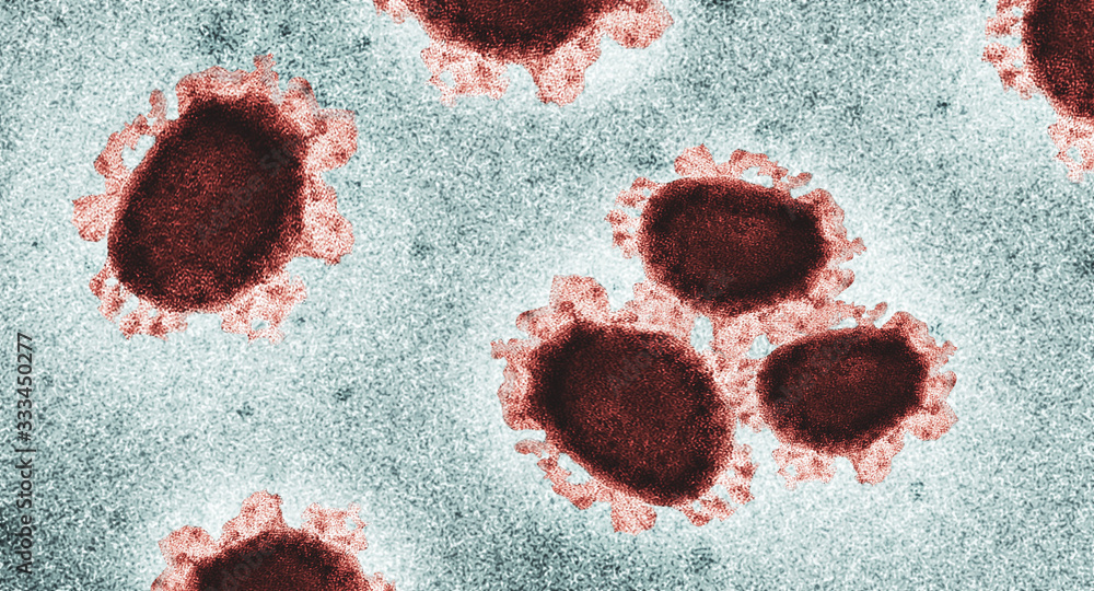 Covid-19, Sars-Cov-2, Coronavirus realistisch unter dem Mikroskop - obrazy, fototapety, plakaty 
