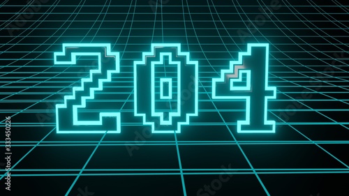 Number 204 in neon glow cyan on grid background, isolated number 3d render