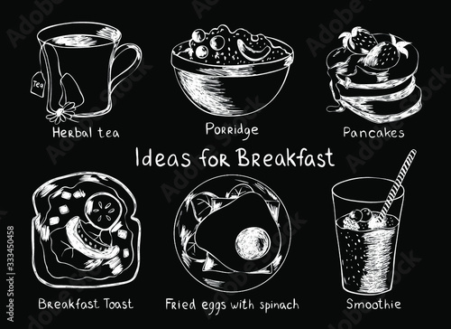 Hand drawn doodle illustrations of ideas for morning breakfast time. Sketch style