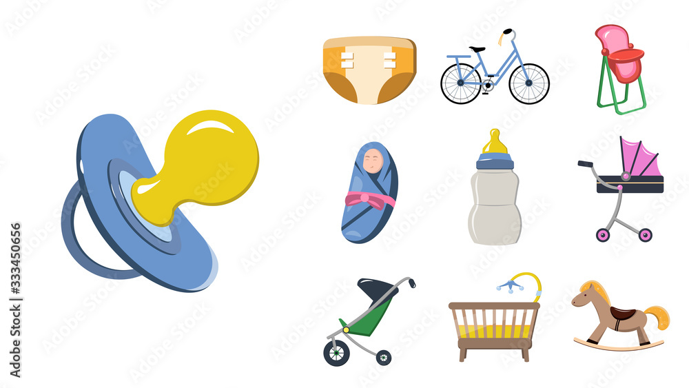 baby flat icon set with cradle, nipple, baby carriage, toys. equipment for baby care illustration design elements