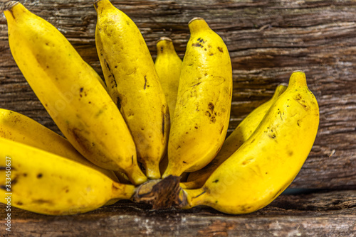 Bunch of fresh bananas (Musa sapientum) on wooden background