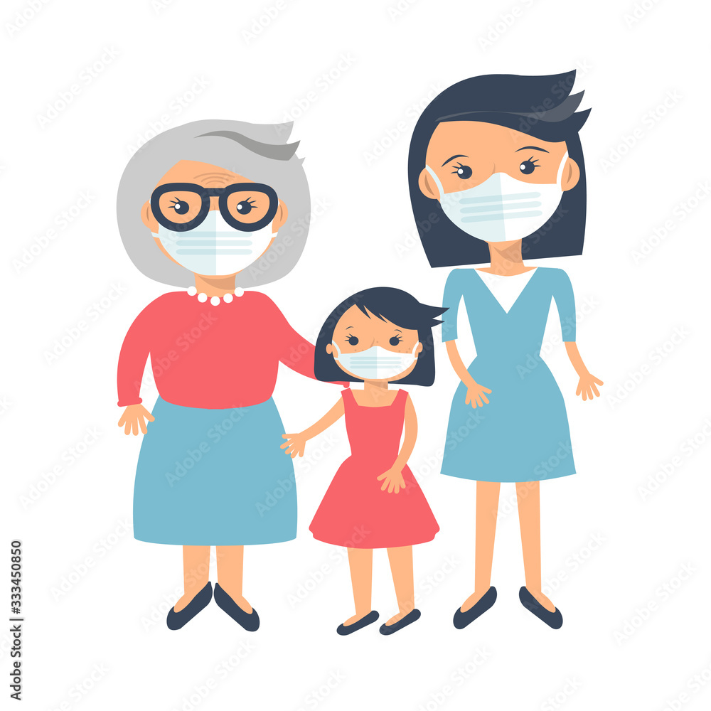 Family member wearing medical mask to protect themselves from corona virus concept vector illustration. Family member wearing medical mask to protect themselves from corona virus concept vector illustration.