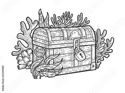 treasure chest on the bottom of the ocean sketch engraving vector illustration. T-shirt apparel print design. Scratch board imitation. Black and white hand drawn image.