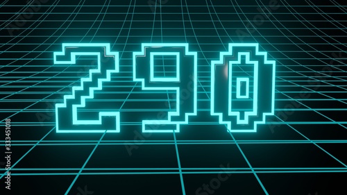 Number 290 in neon glow cyan on grid background, isolated number 3d render