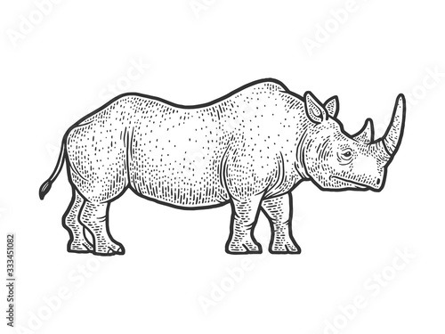 rhinoceros sketch engraving vector illustration. T-shirt apparel print design. Scratch board imitation. Black and white hand drawn image.