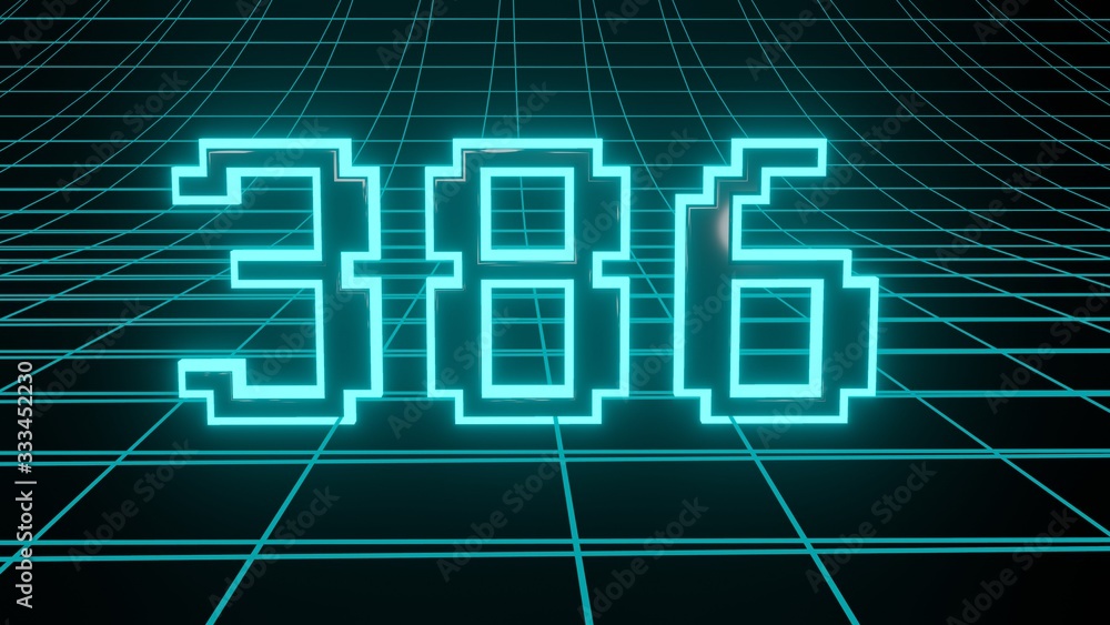 Number 386 in neon glow cyan on grid background, isolated number 3d render