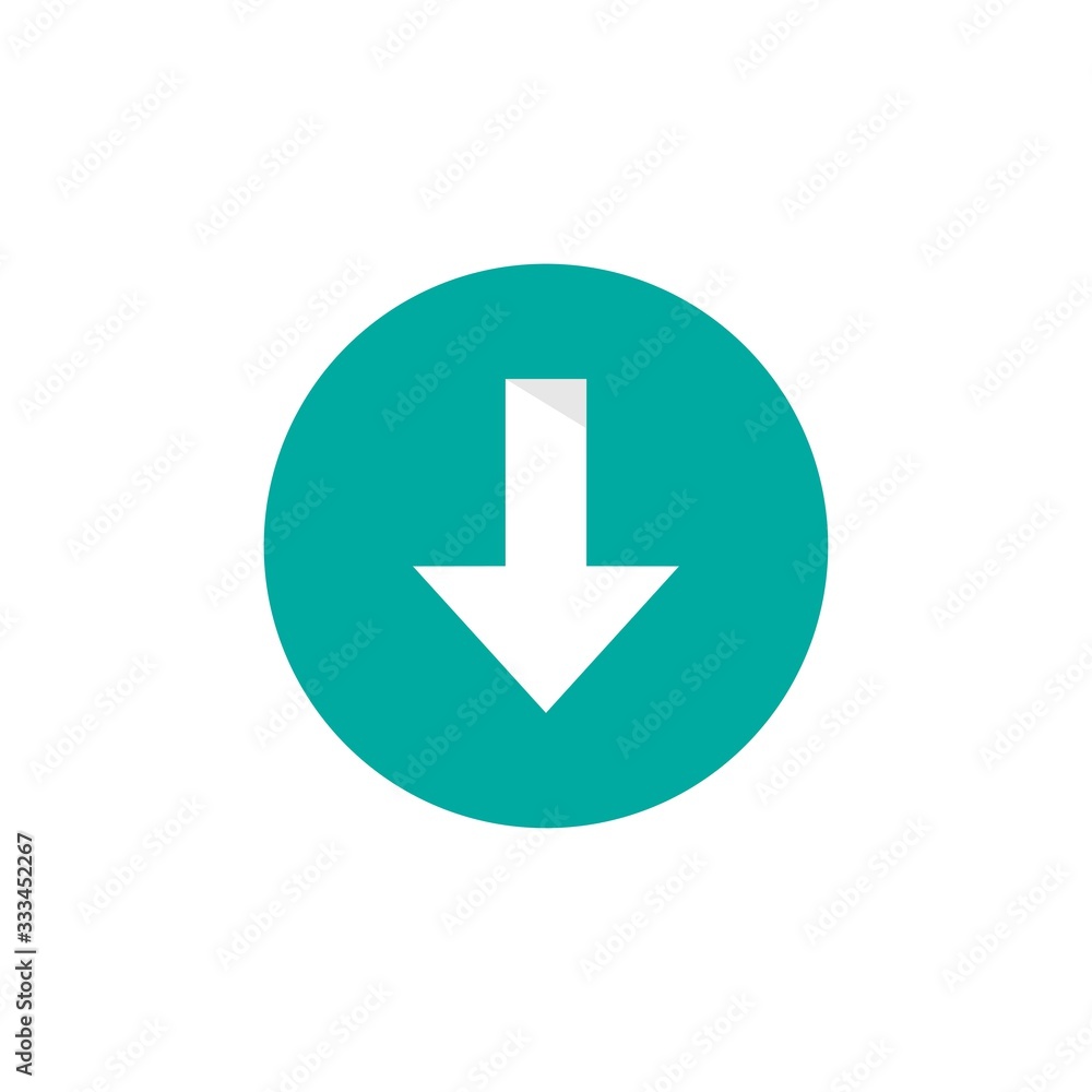 White sharp arrow down in blue circle icon. download sign. White sharp arrow down in blue circle icon. download sign.
