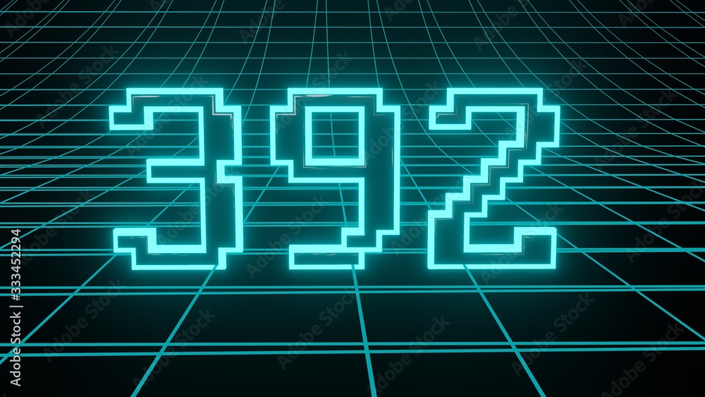 Number 392 in neon glow cyan on grid background, isolated number 3d render