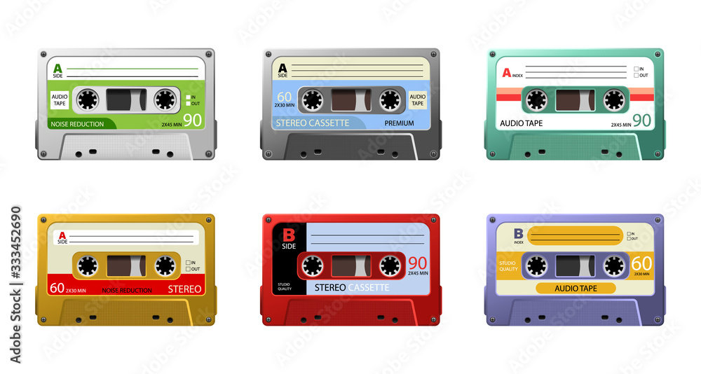 Set of retro audio cassettes, pop art style. Vintage tape cassette. Retro mixtape, 1980s pop